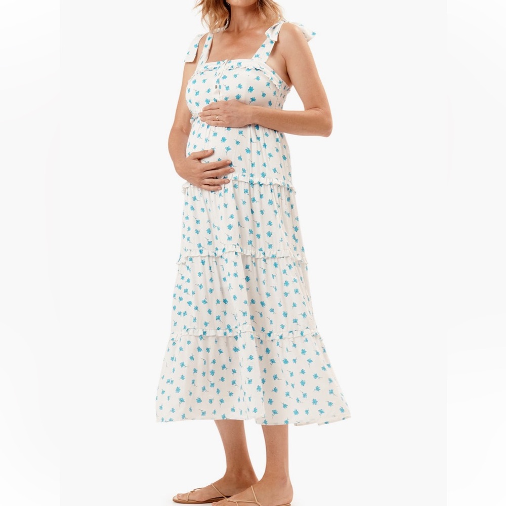 White and Blue Floral Tiered Maxi Dress